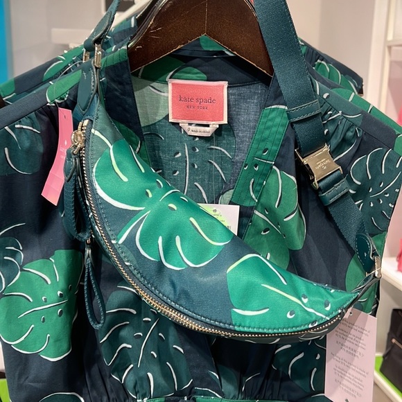 Kate Spade Chelsea Monstera Leaves Print Nylon Belt Bag Fanny Pack Green Multi - Picture 7 of 16